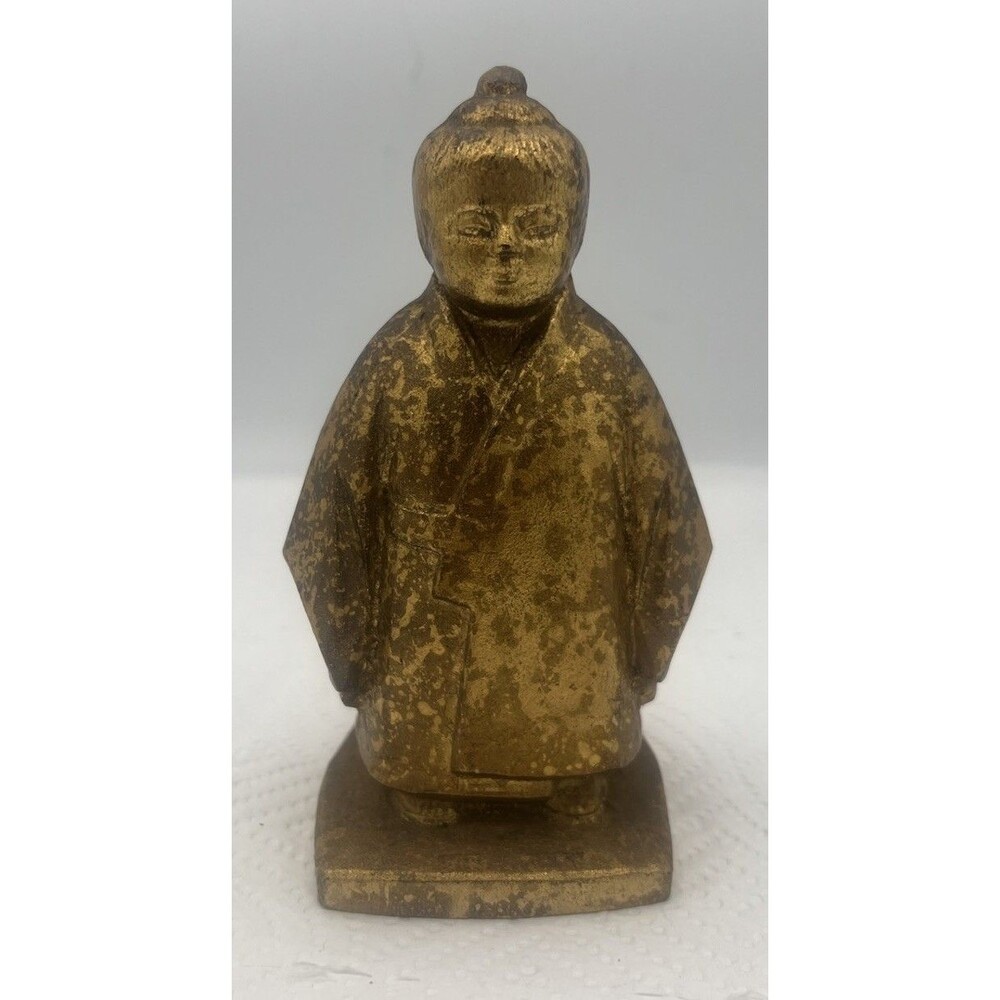 Vintage Japanese Okimono Selflessness Child Gilt Cast Iron Figurine Statue 6”